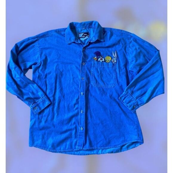Vintage 1992 Looney Tunes Top Line USA Large Light Denim Button Up Shirt Y2K 90s - Picture 1 of 4